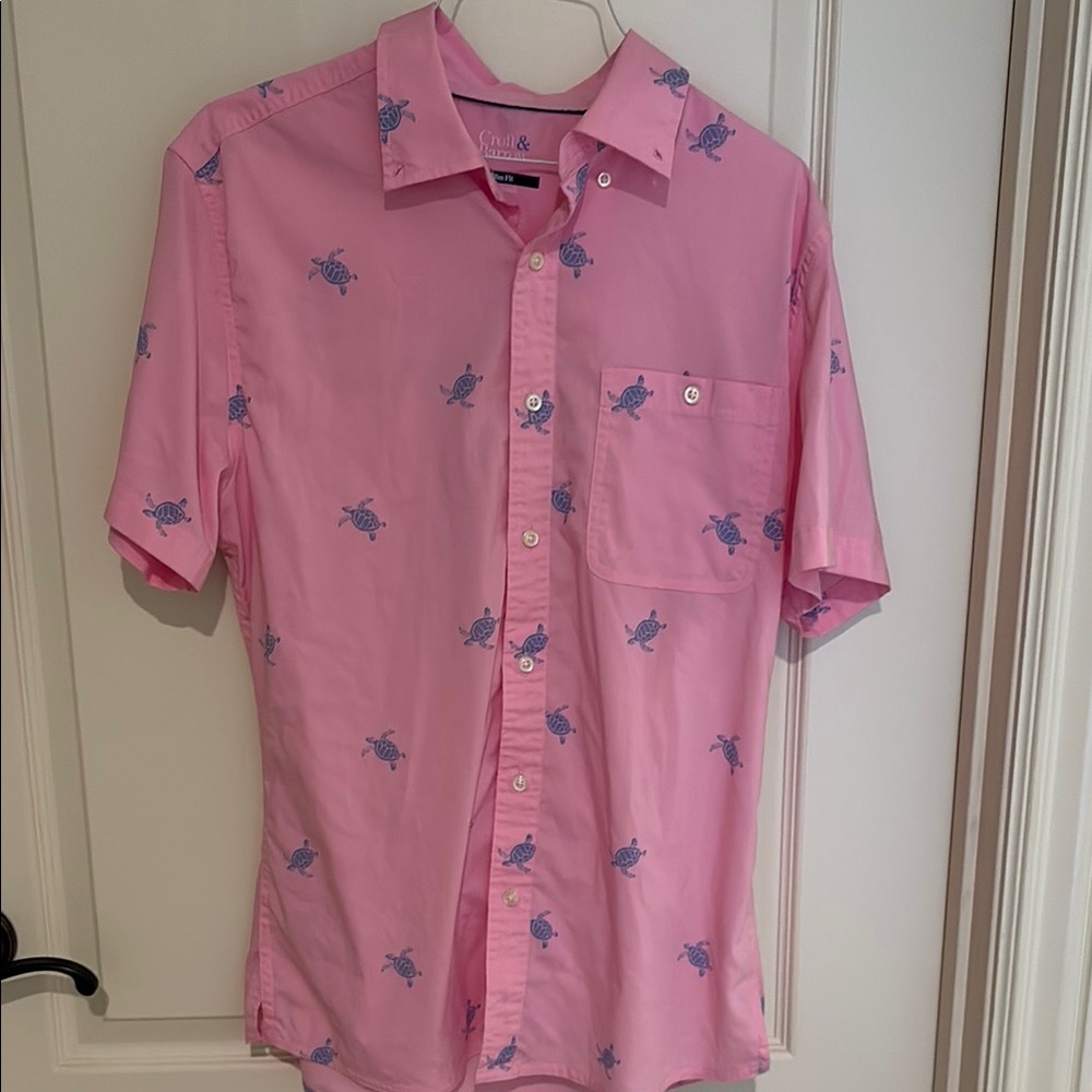 Croft & Barrow Pink Casual Button Down Shirt with Blue Turtle Print